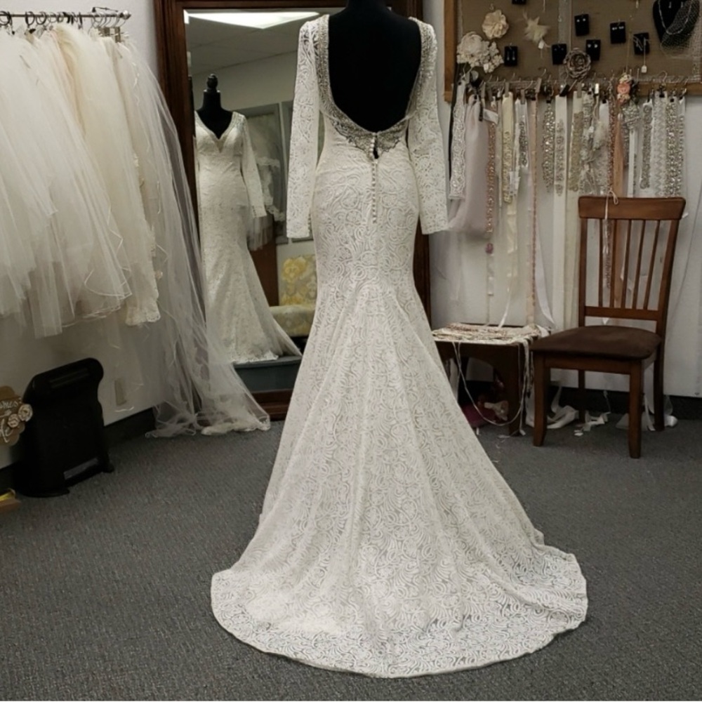 Madison James Cream Long Sleeve V-Neck Gown